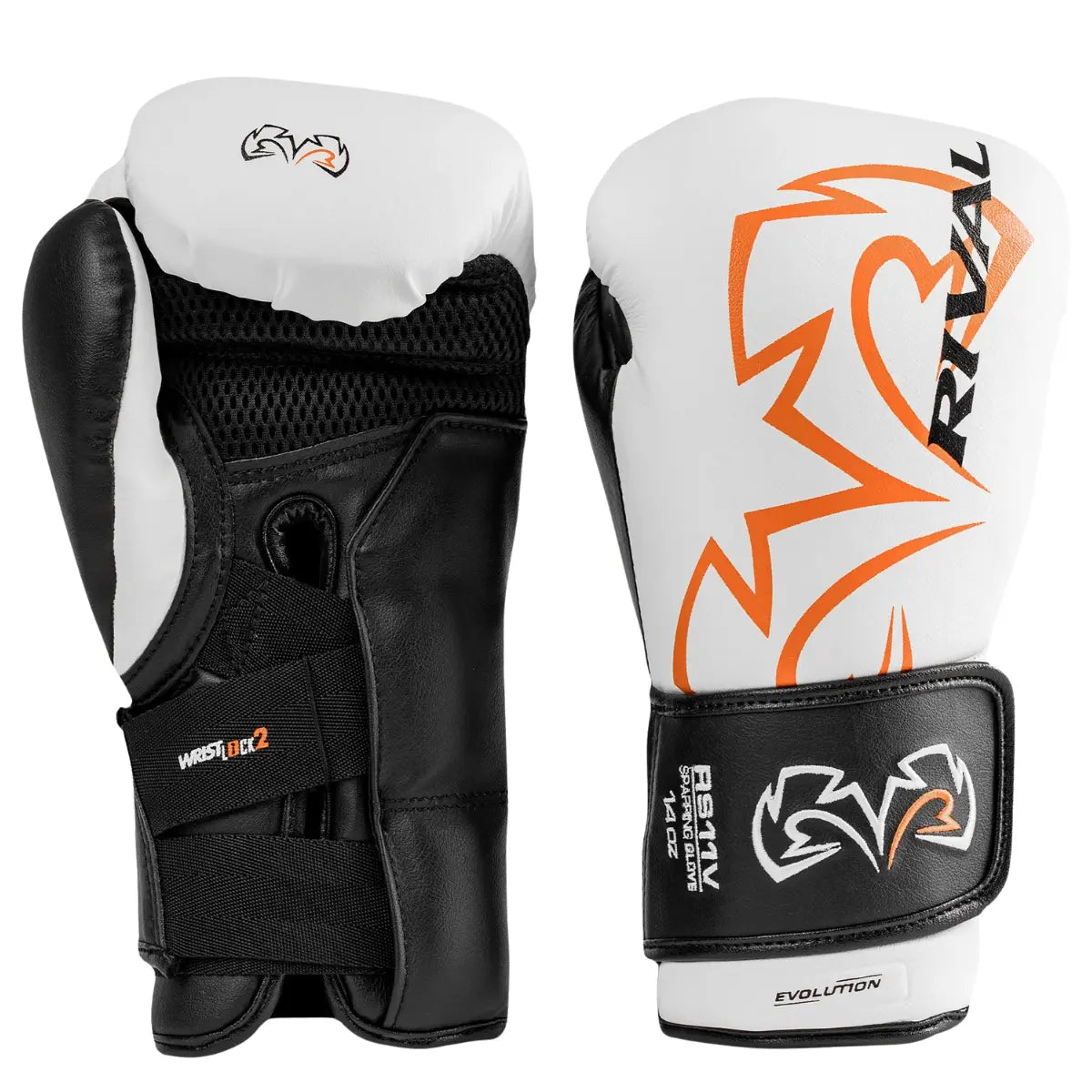 De Rival Bokshandschoenen RS11V Evolution Wit Oranje in vooraanzicht, met het oranje Rival-logo en zwarte details. De handschoenen zijn voorzien van het Wrist Lock 2-sluitsysteem voor maximale polsondersteuning en comfort. Ideaal voor sparring en intensieve bokstrainingen dankzij de stevige padding en ergonomische pasvorm.
