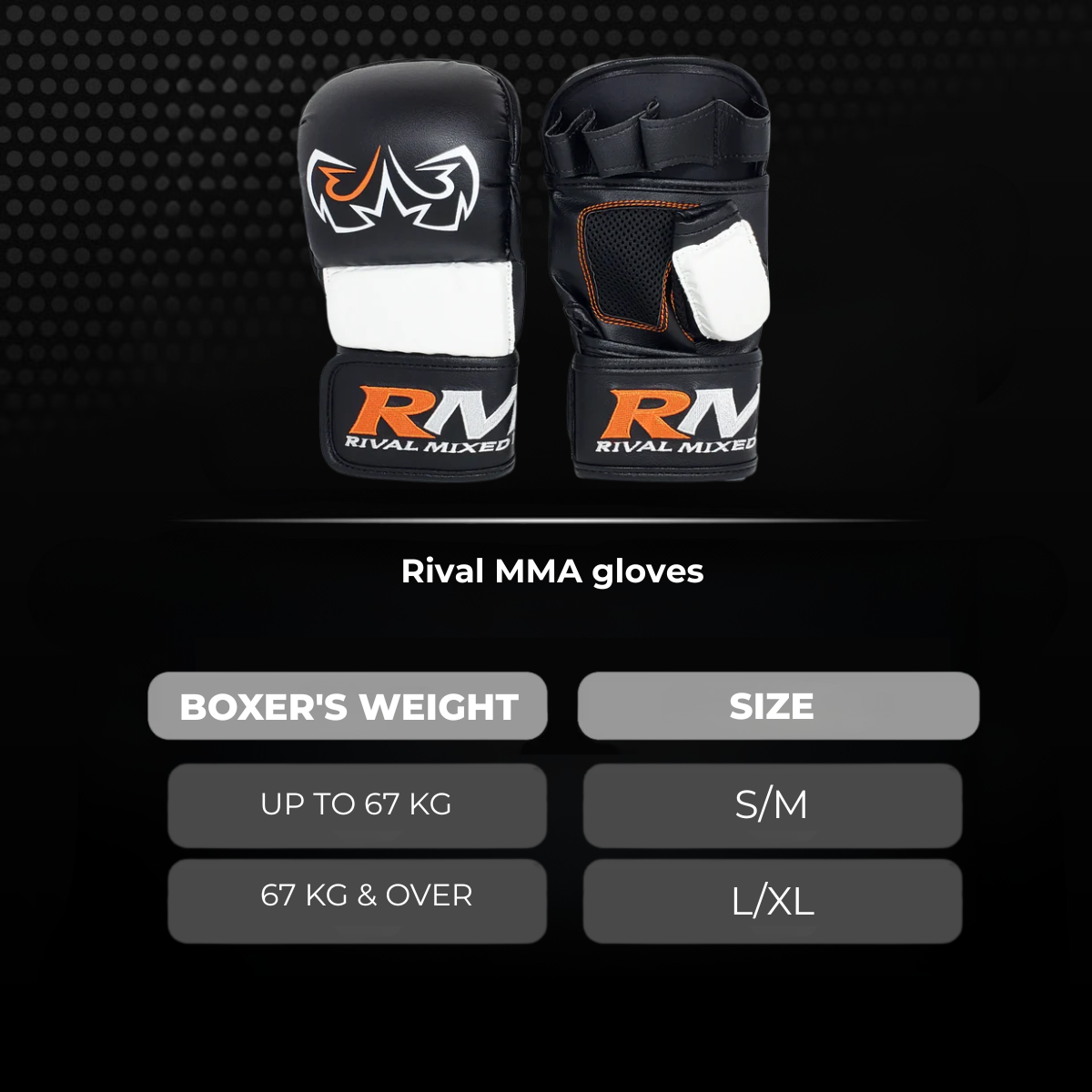 Zwarte Rival MMA handschoenen met wit en oranje details, getoond van de voor- en achterkant. De afbeelding toont een maattabel op basis van lichaamsgewicht: S/M tot 67 kg en L/XL vanaf 67 kg.