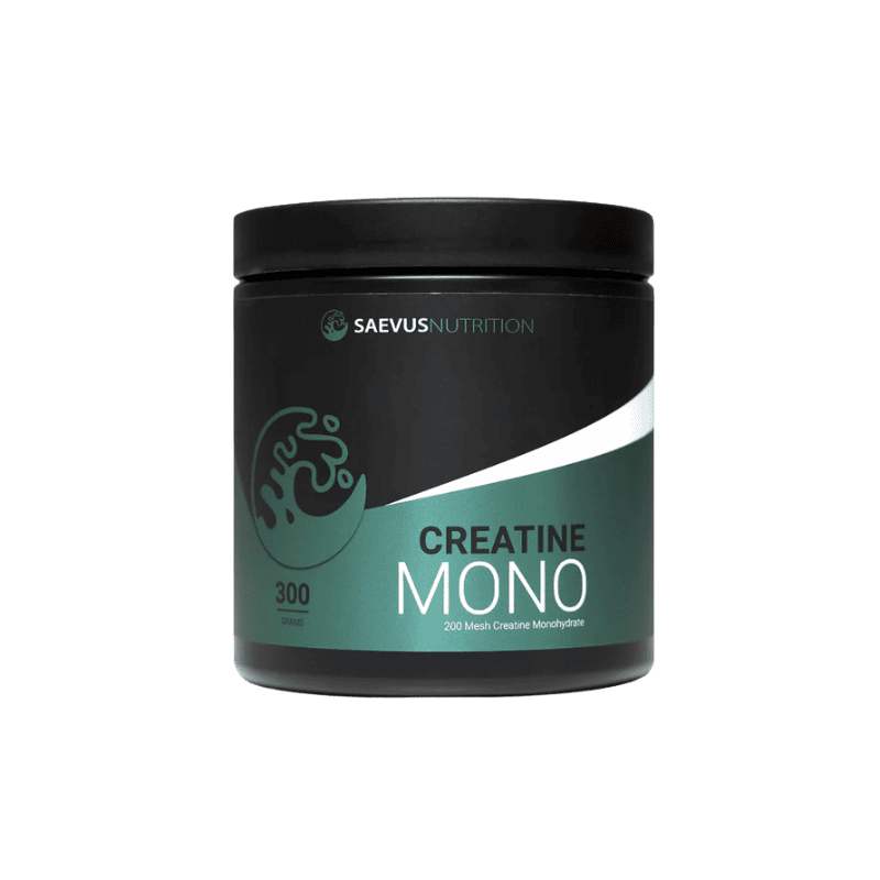 De afbeelding toont een pot Creatine Mono van Saevus Nutrition, met 300 gram 200 mesh creatine monohydraat. Het ontwerp is strak en minimalistisch met een groen-zwart kleurenschema. Dit supplement ondersteunt sportprestaties en spierkracht.