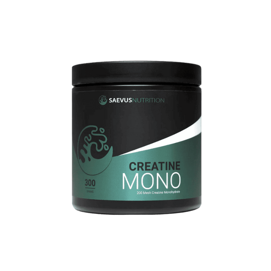 De afbeelding toont een pot Creatine Mono van Saevus Nutrition, met 300 gram 200 mesh creatine monohydraat. Het ontwerp is strak en minimalistisch met een groen-zwart kleurenschema. Dit supplement ondersteunt sportprestaties en spierkracht.