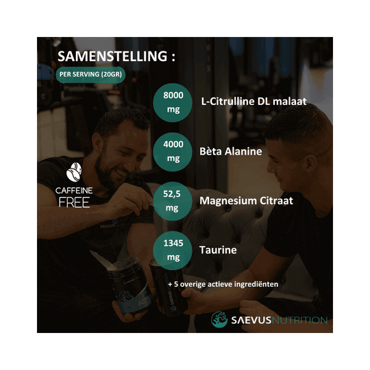 Samenstelling van Saevus Nutrition Green Active Pre-Workout per portie (20 gram): 8000 mg L-Citrulline DL malaat, 4000 mg Bèta Alanine, 52,5 mg Magnesium Citraat, 1345 mg Taurine en vijf andere actieve ingrediënten. De pre-workout is cafeïnevrij. De afbeelding toont twee personen in een sportschool terwijl ze het product bereiden