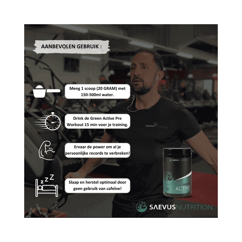 Aanbevolen gebruik voor Saevus Nutrition Green Active Pre-Workout: Meng 1 scoop (20 gram) met 150-500 ml water, drink het 15 minuten voor de training, ervaar de power en verbreek je persoonlijke records. Het product bevat geen cafeïne, zodat je ook optimaal kunt slapen en herstellen.