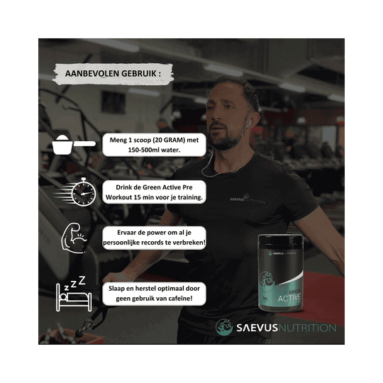 Aanbevolen gebruik voor Saevus Nutrition Green Active Pre-Workout: Meng 1 scoop (20 gram) met 150-500 ml water, drink het 15 minuten voor de training, ervaar de power en verbreek je persoonlijke records. Het product bevat geen cafeïne, zodat je ook optimaal kunt slapen en herstellen.