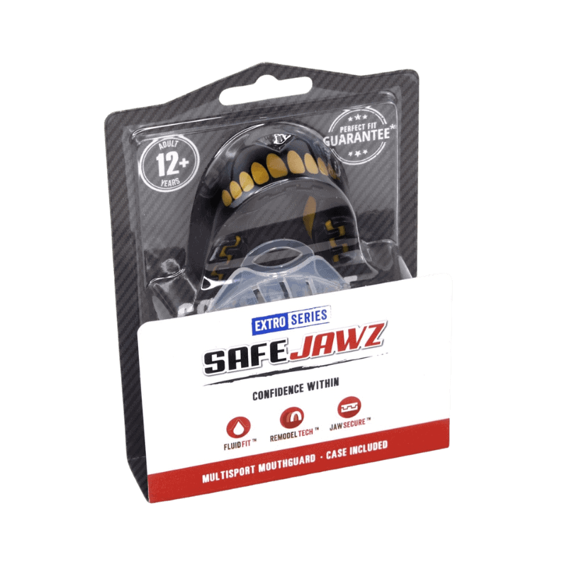 Verpakking van een SafeJawz mondbeschermer uit de Extro Series met zwart en geel design, voor 12+ jaar, inclusief perfecte pasvorm garantie.