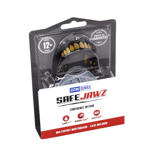 Verpakking van een SafeJawz mondbeschermer uit de Extro Series met zwart en geel design, voor 12+ jaar, inclusief perfecte pasvorm garantie.