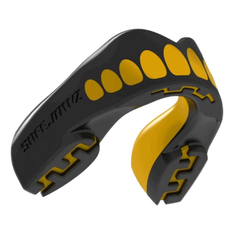 SafeJawz mondbeschermer met zwart en geel design, pre-gevormde basis en flexibele pasvorm voor optimale bescherming.