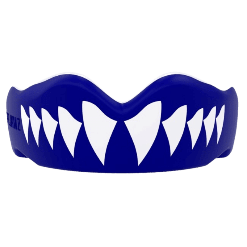 Een bovenaanzicht van een blauwe SafeJawz mondbeschermer met wit tanden design en zwarte contourlijnen langs de tanden.