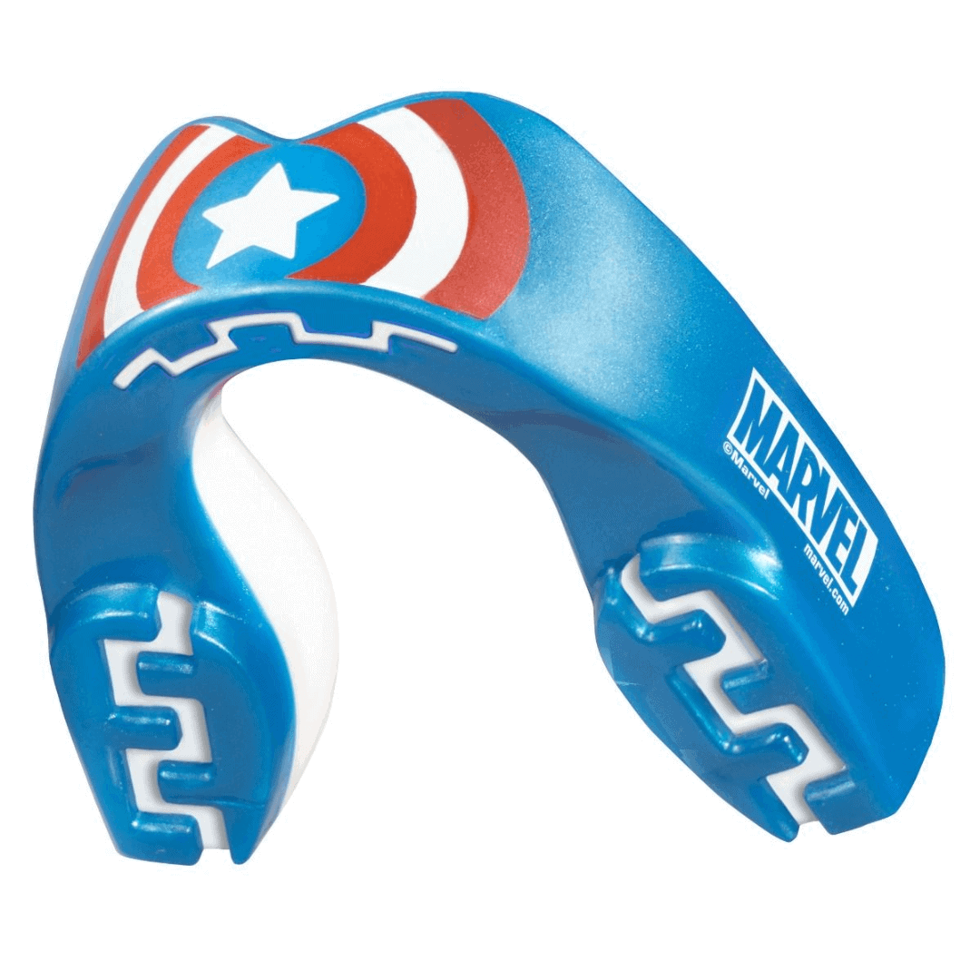 Gebitsbeschermer in blauw met het ontwerp van Captain America's schild, inclusief witte ster en rode en witte strepen, met Marvel-logo aan de zijkant.