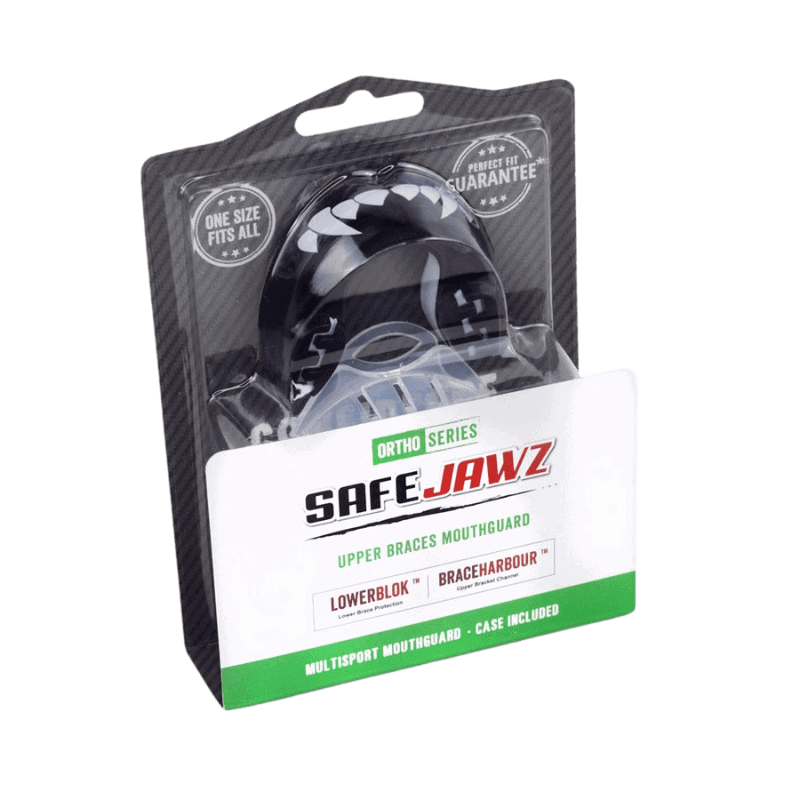 Verpakking van 'SAFE-JAWZ' gebitsbeschermer uit de Ortho-serie, met aanduidingen voor beugeldragers en de tekst 'ONE SIZE FITS ALL'.