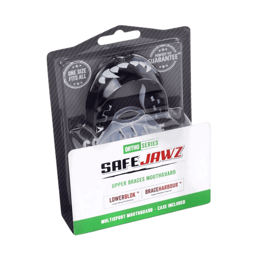 Verpakking van 'SAFE-JAWZ' gebitsbeschermer uit de Ortho-serie, met aanduidingen voor beugeldragers en de tekst 'ONE SIZE FITS ALL'.