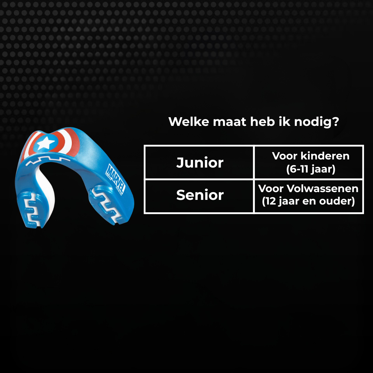 Maattabel voor een blauw Marvel bitje met keuze tussen junior en senior. Junior is geschikt voor kinderen van 6 tot 11 jaar en senior voor volwassenen vanaf 12 jaar.