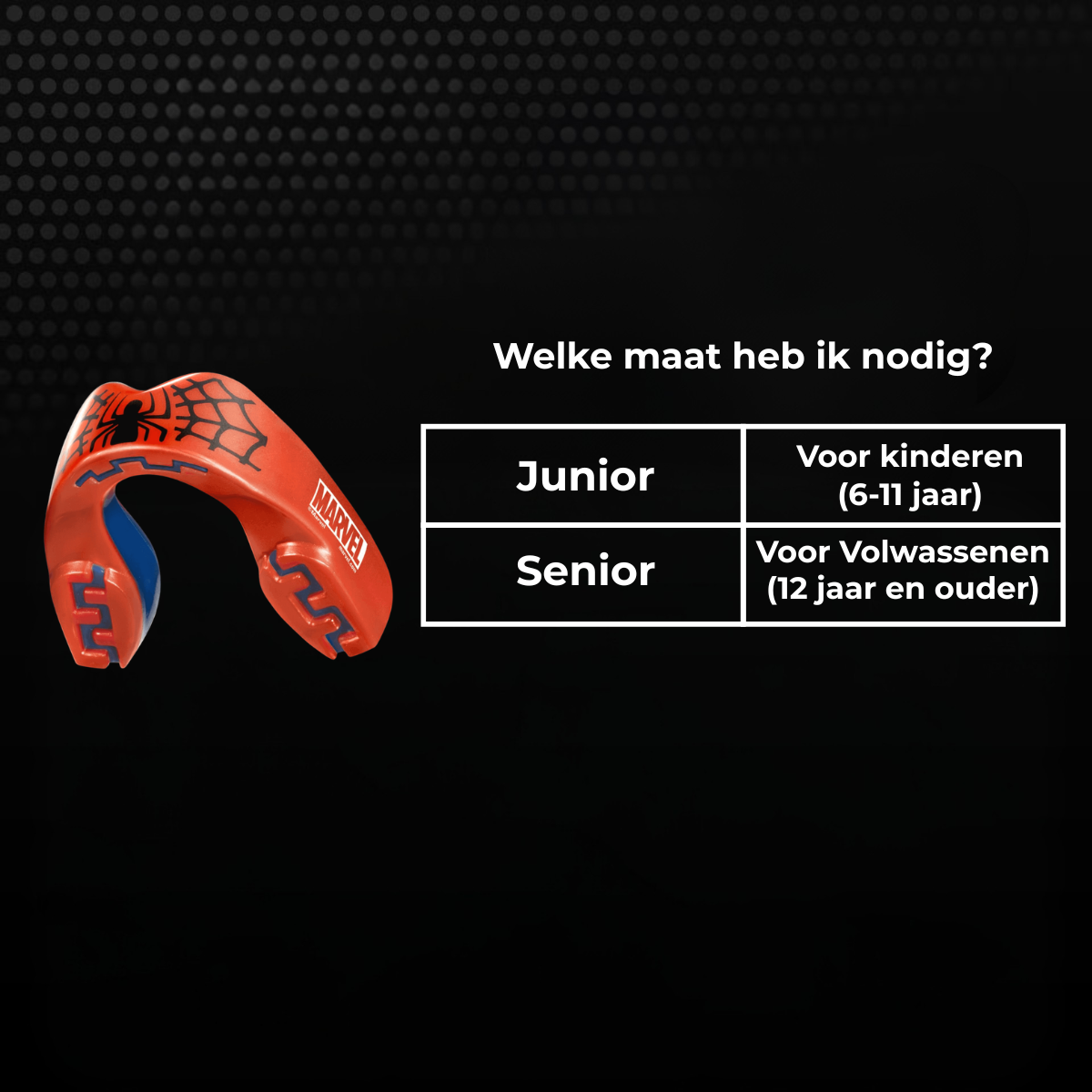Maattabel voor een rood-blauw Marvel bitje met keuze tussen junior en senior. Junior is geschikt voor kinderen van 6 tot 11 jaar en senior voor volwassenen vanaf 12 jaar.