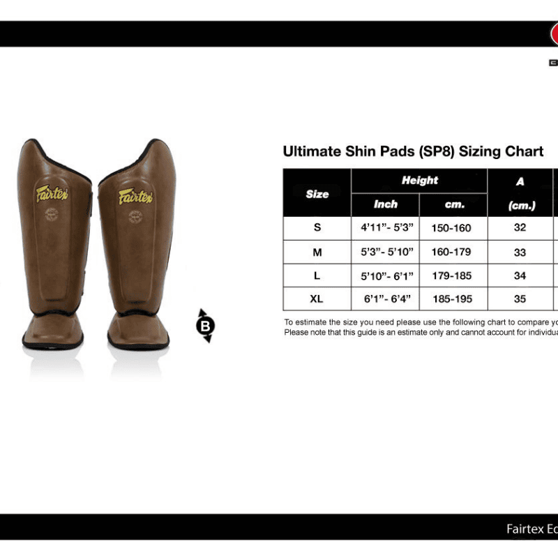Maattabel voor Fairtex scheenbeschermers naast een afbeelding van het product.