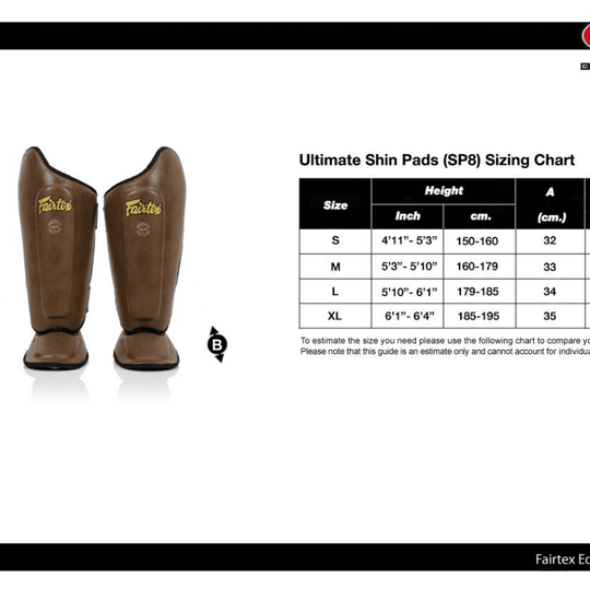Maattabel voor Fairtex scheenbeschermers naast een afbeelding van het product.