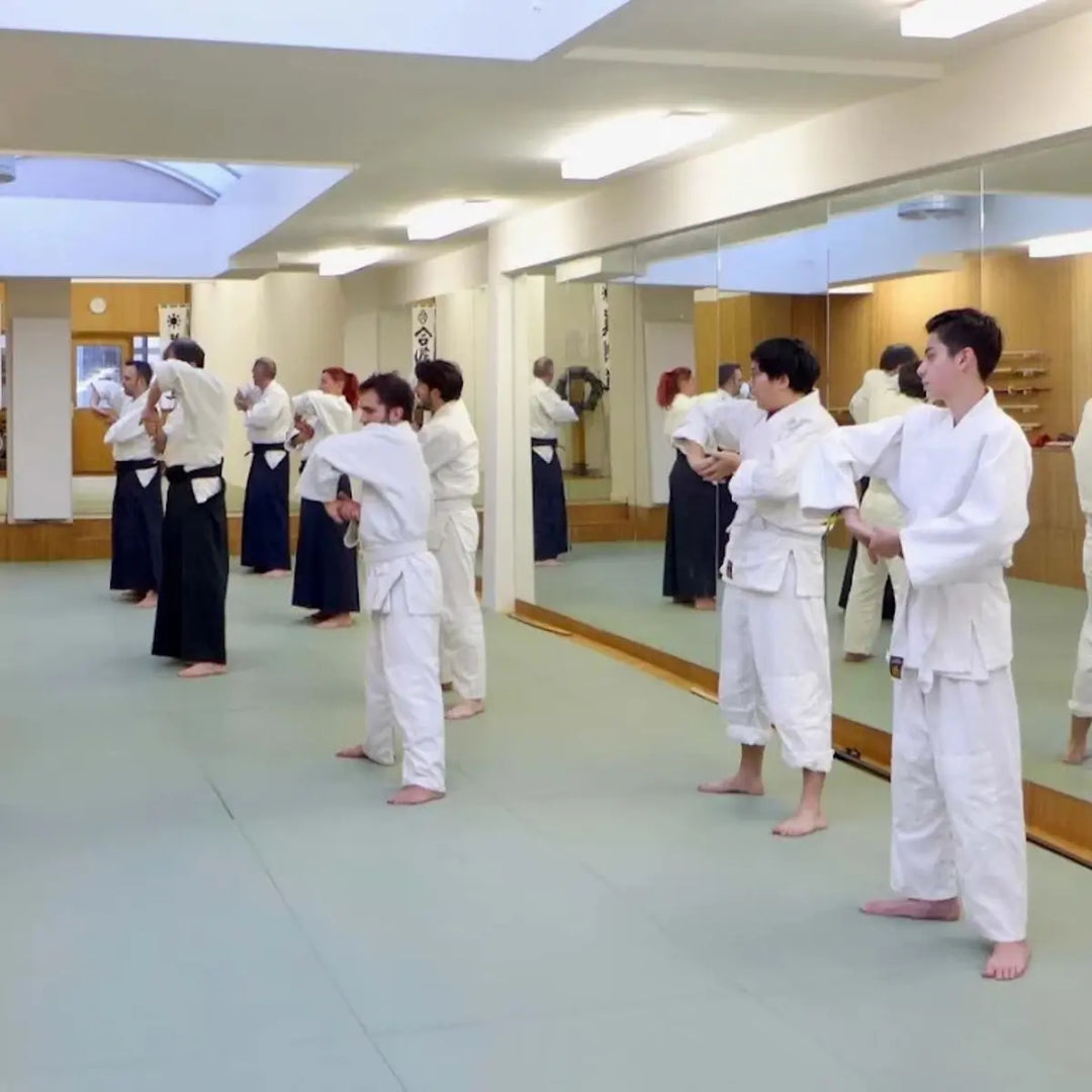 Groep mensen voert samen kungfu-oefeningen uit in een trainingsruimte