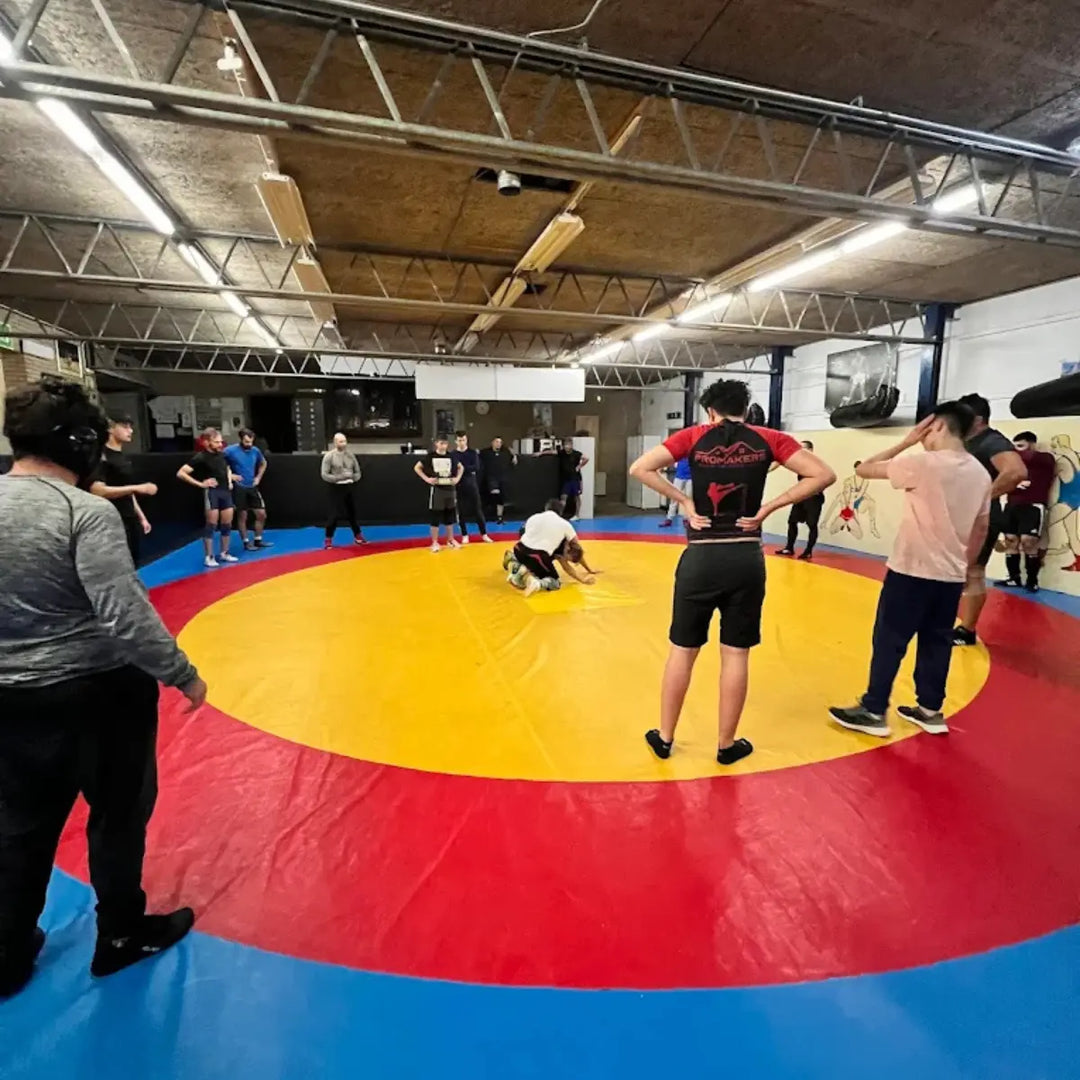 Groep mensen traint samen tijdens een worsteltraining op de mat