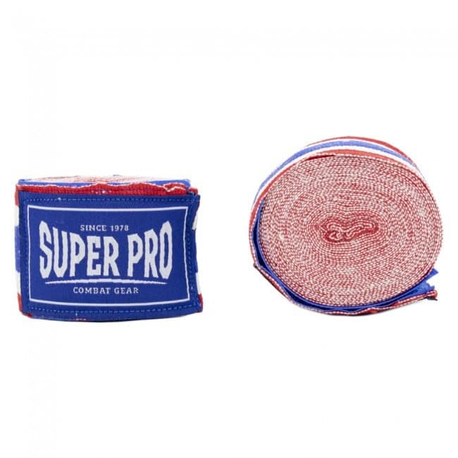 Een paar Super Pro bandages Thaise vlag rood, met rood-wit-blauw ontwerp en stevig klittenband, ontworpen voor optimale polsondersteuning en comfort tijdens bokstrainingen.