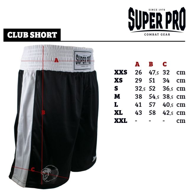 Super Pro Boxing Shorts Club Zwart met maattabel en meetpunten voor taille, lengte en pijpbreedte. De afbeelding helpt boksers bij het kiezen van de juiste maat boxing short voor training in de gym.