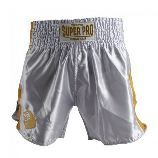 Vooraanzicht van het Super Pro Brave kickboksbroekje in zilver met goudkleurige details. Het short heeft een brede elastische tailleband met het Super Pro Combat Gear-logo centraal op de band. De satijnen stof en mesh-zijkanten zorgen voor comfort en ventilatie. Ideaal voor intensieve kickbokstrainingen.