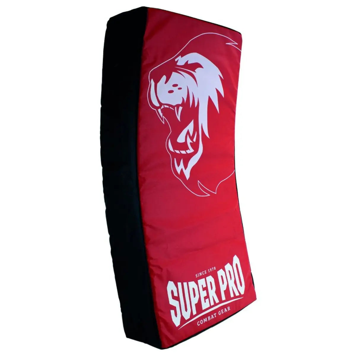Rood Super Pro trapkussen met witte leeuwenkop en logo, zijaanzicht van het gebogen model voor optimale trainingsweerstand.