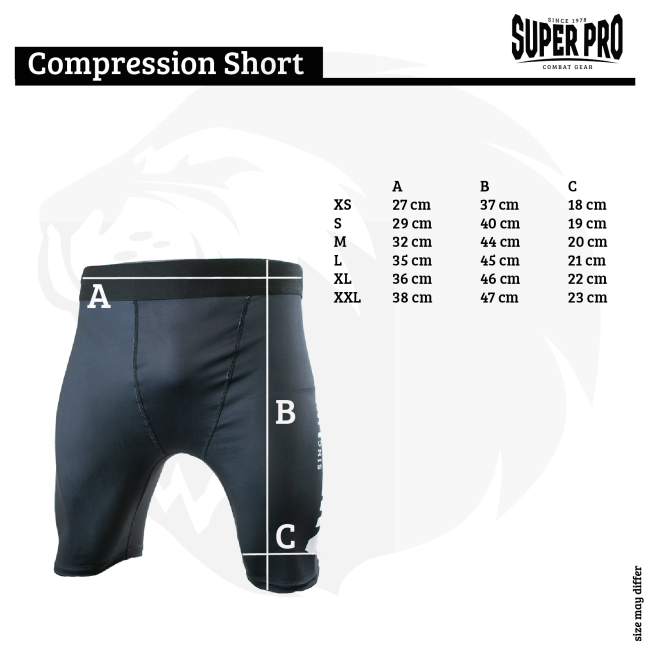 Super Pro Compression Shorts Zwart met maattabel en meetpunten voor taille, lengte en pijpbreedte. De afbeelding helpt sporters bij het kiezen van de juiste maat compressieshort voor training in de gym.