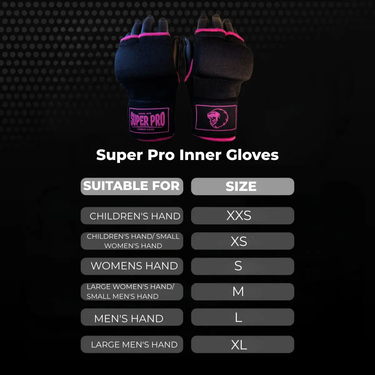 Maattabel voor Super Pro Inner Gloves met overzicht van geschikte handtypes en bijbehorende maten van XXS tot en met XL. De afbeelding toont zwarte binnenhandschoenen met roze accenten en het Super Pro-logo. Geschikt als visuele maatwijzer voor kinderhanden, dameshanden en mannenhanden bij het kiezen van de juiste binnenhandschoenen voor bokstraining.