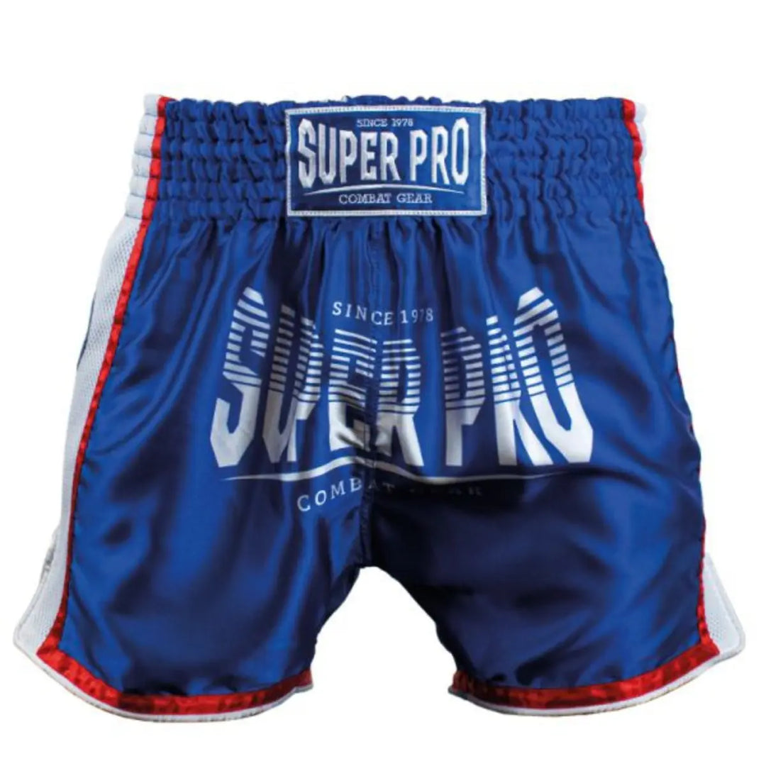Super Pro kickboks broekje Stripes in blauw satijn met witte logo-opdruk en rode bies
