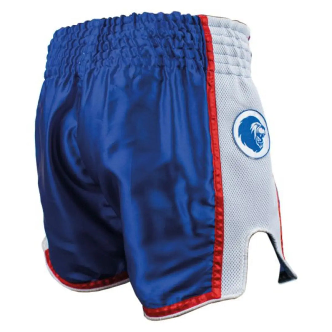 Achter- en zijaanzicht van het Super Pro kickboks broekje Stripes in blauw met witte mesh zijkant, rode bies en leeuwlogo.