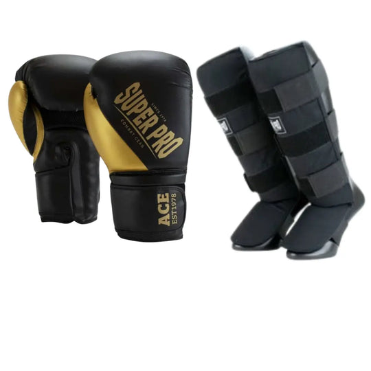 Super Pro bokshandschoenen zwart met goud en Booster zwarte scheenbeschermers set
