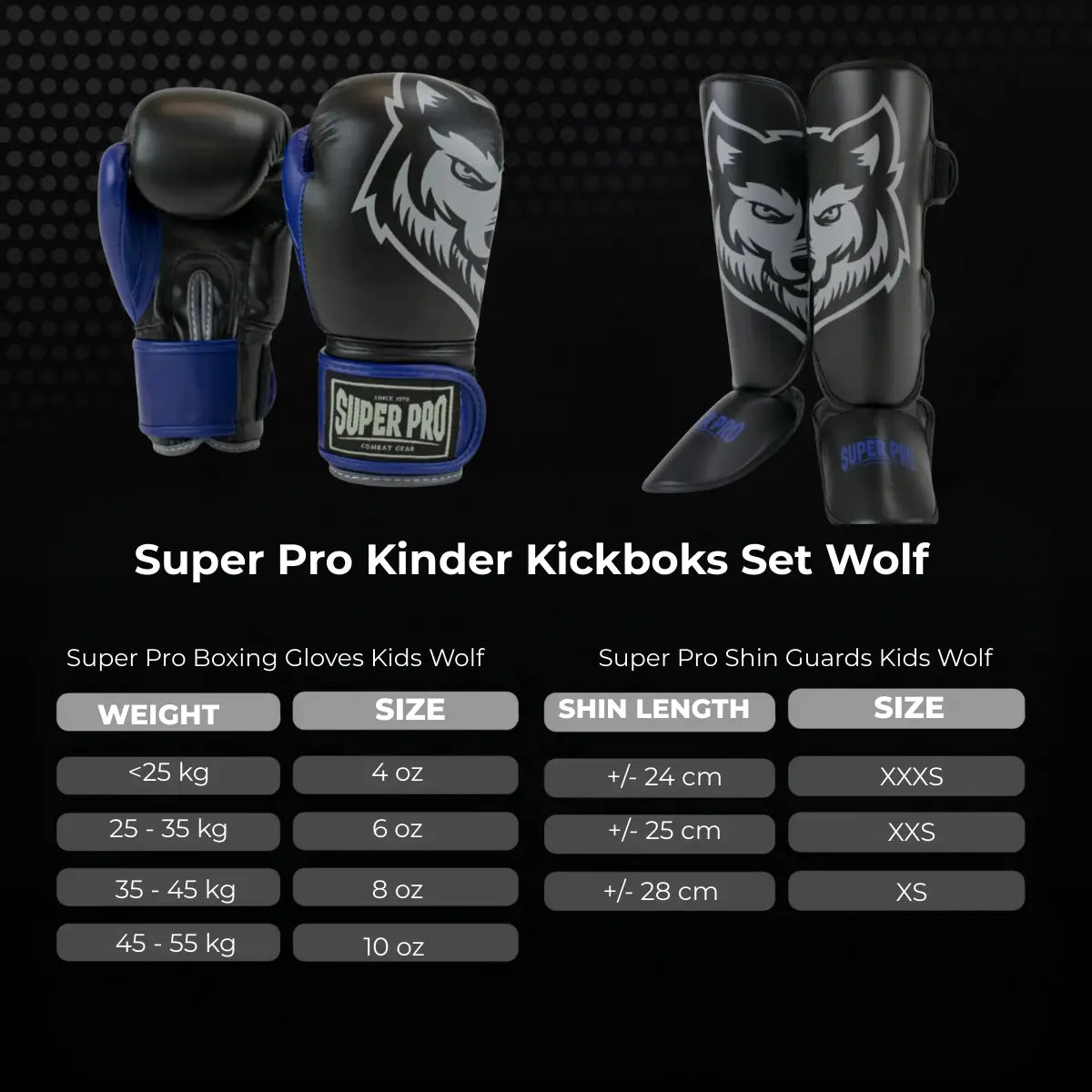 Super Pro Kinder Kickboks Set Wolf maattabel met zwarte en blauwe Super Pro bokshandschoenen en bijpassende Wolf scheenbeschermers voor kinderen op een donkere achtergrond. De afbeelding toont links de juiste handschoenmaat op basis van lichaamsgewicht en rechts de juiste scheenbeschermermaat op basis van scheenlengte. Ontworpen om jonge kickboksers te helpen bij het kiezen van een veilige en goed passende trainingsset.