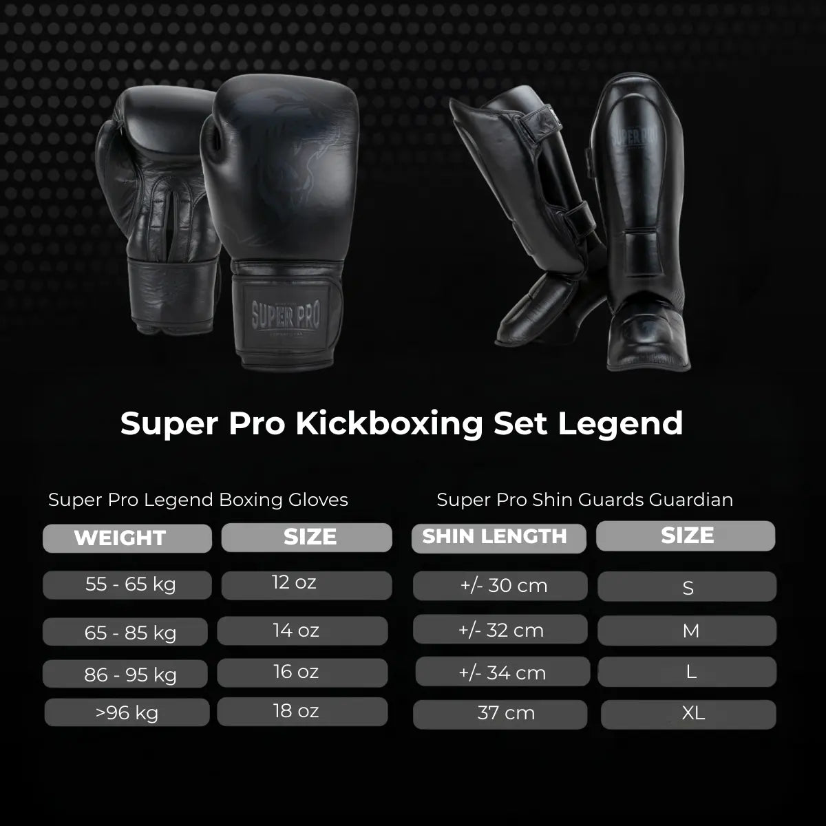 Super Pro Kickboxing Set Legend maattabel met zwarte Super Pro Legend bokshandschoenen en Super Pro Guardian scheenbeschermers afgebeeld op een donkere achtergrond. De tabel toont links de juiste maat bokshandschoenen op basis van lichaamsgewicht en rechts de juiste maat scheenbeschermers op basis van scheenlengte. Geschikt voor kickboksers die een complete set willen kiezen met optimale pasvorm en bescherming.