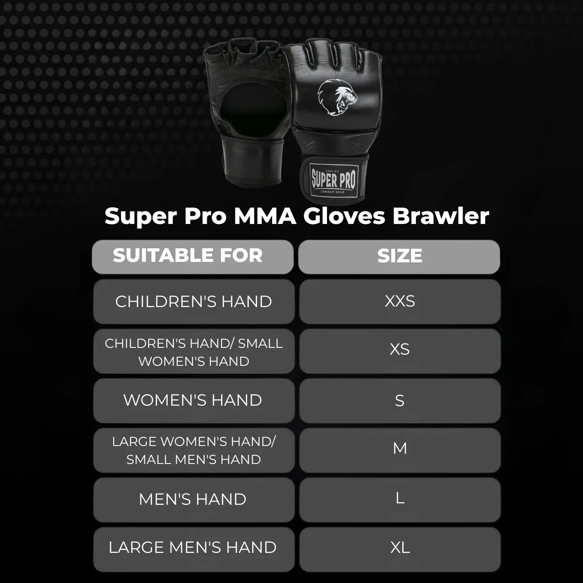 Super Pro MMA Gloves Brawler maattabel. Afbeelding toont zwarte MMA-handschoenen van Super Pro met overzicht van welke maat past bij kinderhanden, dameshanden en herenhanden. De tabel koppelt handtype aan maten van XXS tot en met XL voor een nauwkeurige maatkeuze.