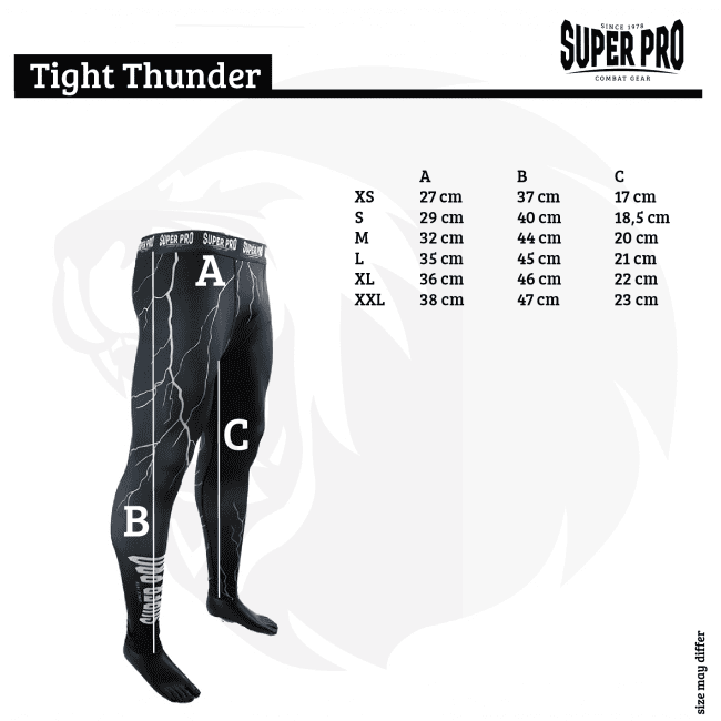 Super Pro Sportlegging Thunder Zwart met maattabel en meetpunten voor taille, beenlengte en enkelbreedte. De afbeelding helpt sporters bij het kiezen van de juiste maat sportlegging voor training in de gym.