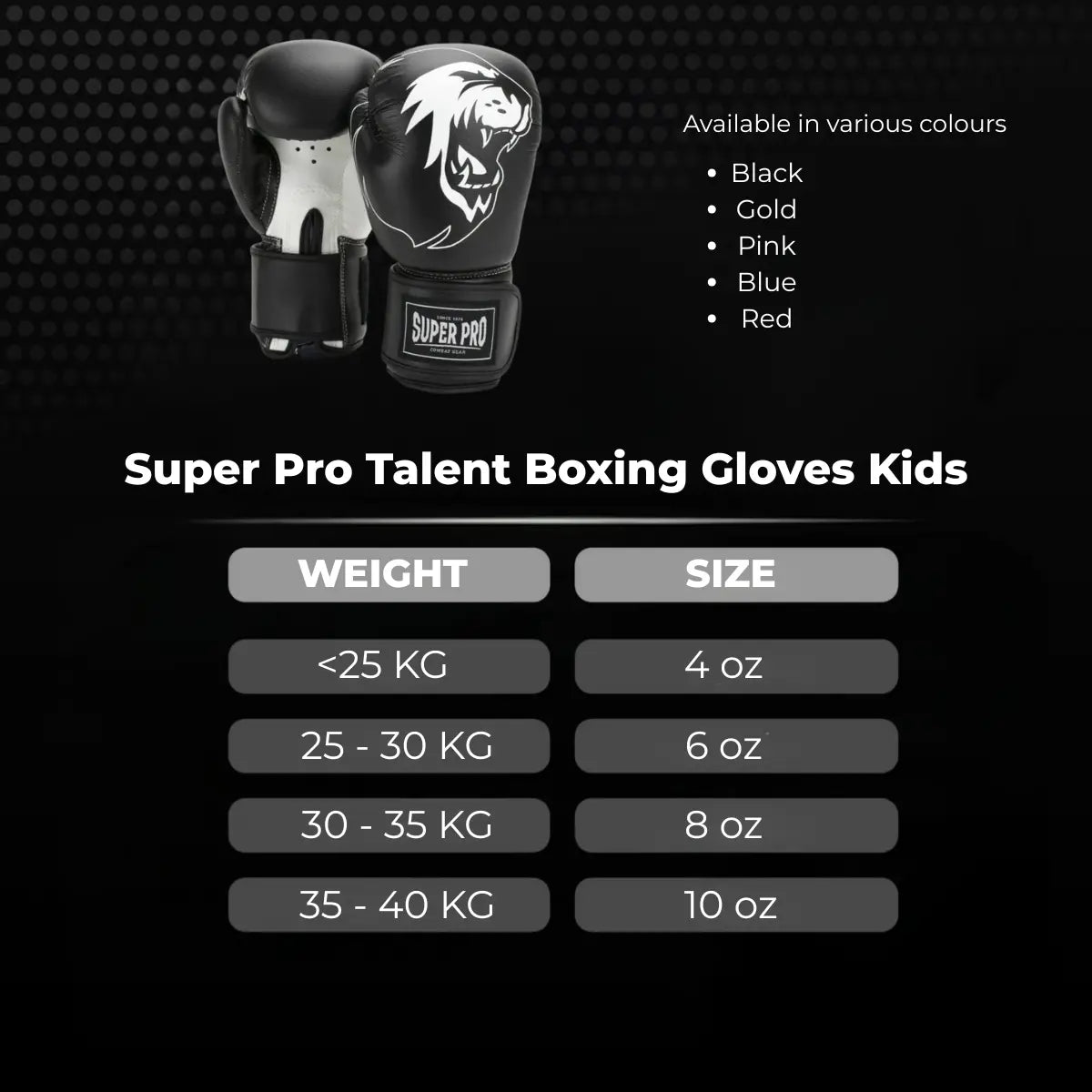 Maattabel voor Super Pro Talent bokshandschoenen voor kinderen met gewichtsklassen en bijbehorende oz-maten, verkrijgbaar in vijf kleuren.