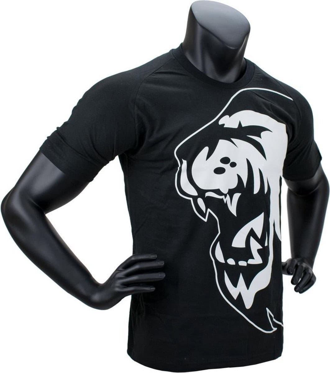 Zwart sportshirt met korte mouwen en een grote witte leeuwenkop op de voorkant.








