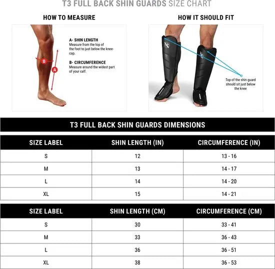 Maattabel en instructies voor de T3 Full Back Scheenbeschermers. Bevat afmetingen in inches en centimeters voor scheenlengte en kuitomtrek voor maten S, M, L en XL, inclusief meetinstructies en pasvorm.