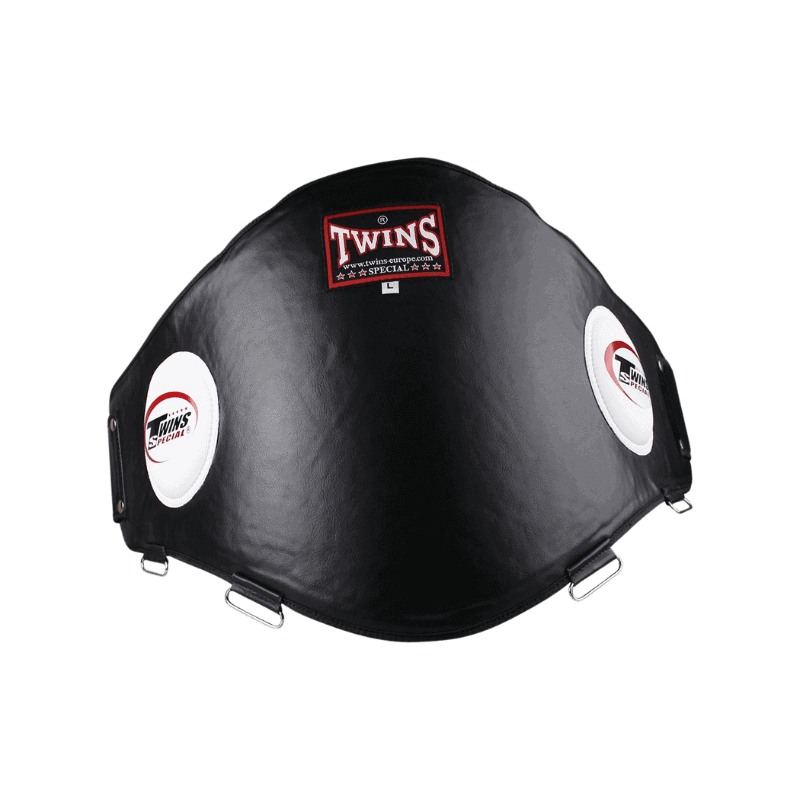 Voorzijde van de Twins buikbeschermer, toont het grote oppervlak van de beschermende padding, ideaal voor het absorberen van stoten.