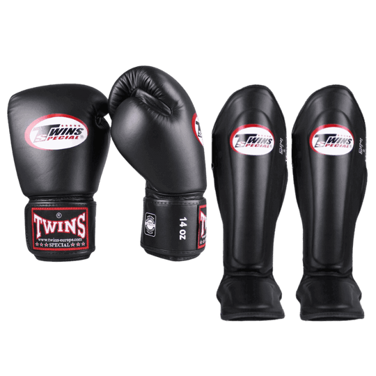 Complete zwarte Twins Kickboks Set BGN met handschoenen en scheenbeschermers voor effectieve training en bescherming








