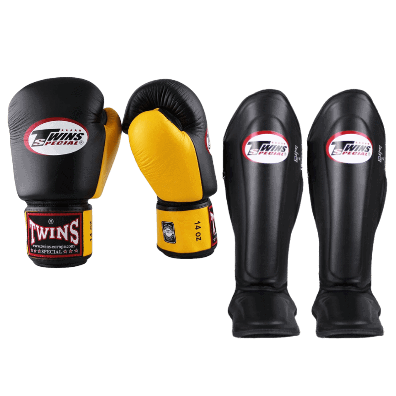 Complete zwarte Twins Kickboks Set BGN met gele accenten, inclusief handschoenen en scheenbeschermers voor veilige en stijlvolle training








