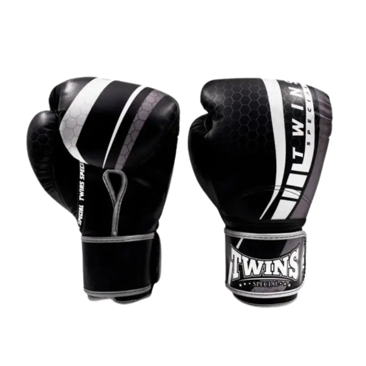 Voor- en achterkant van Twins Bokshandschoenen BGVL 15 in zwart met witte accenten, geschikt voor gym en sparring.