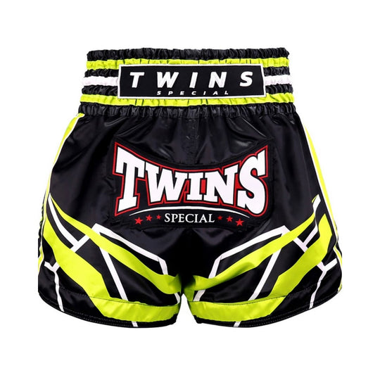 Voorzijde van de Twins Special Muay Thai Shorts TTBL Racing Zwart/Groen met brede tailleband en opvallend racing-design.