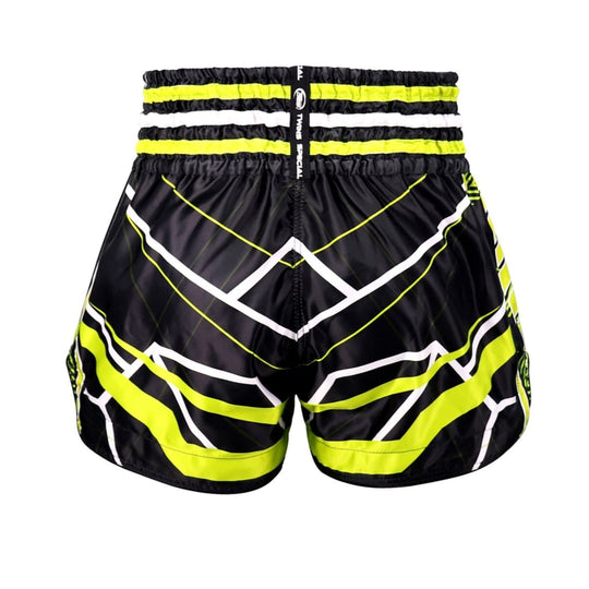 Achterzijde van de Twins Special Muay Thai Shorts TTBL Racing Zwart/Groen met geometrisch patroon en elastische tailleband.