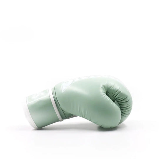 Een enkele Twins bokshandschoen in mintgroene kleur, liggend op een witte achtergrond. De gebogen vorm laat de ergonomische pasvorm en het stevige polsgedeelte zien, ideaal voor bokstrainingen en sparringssessies.