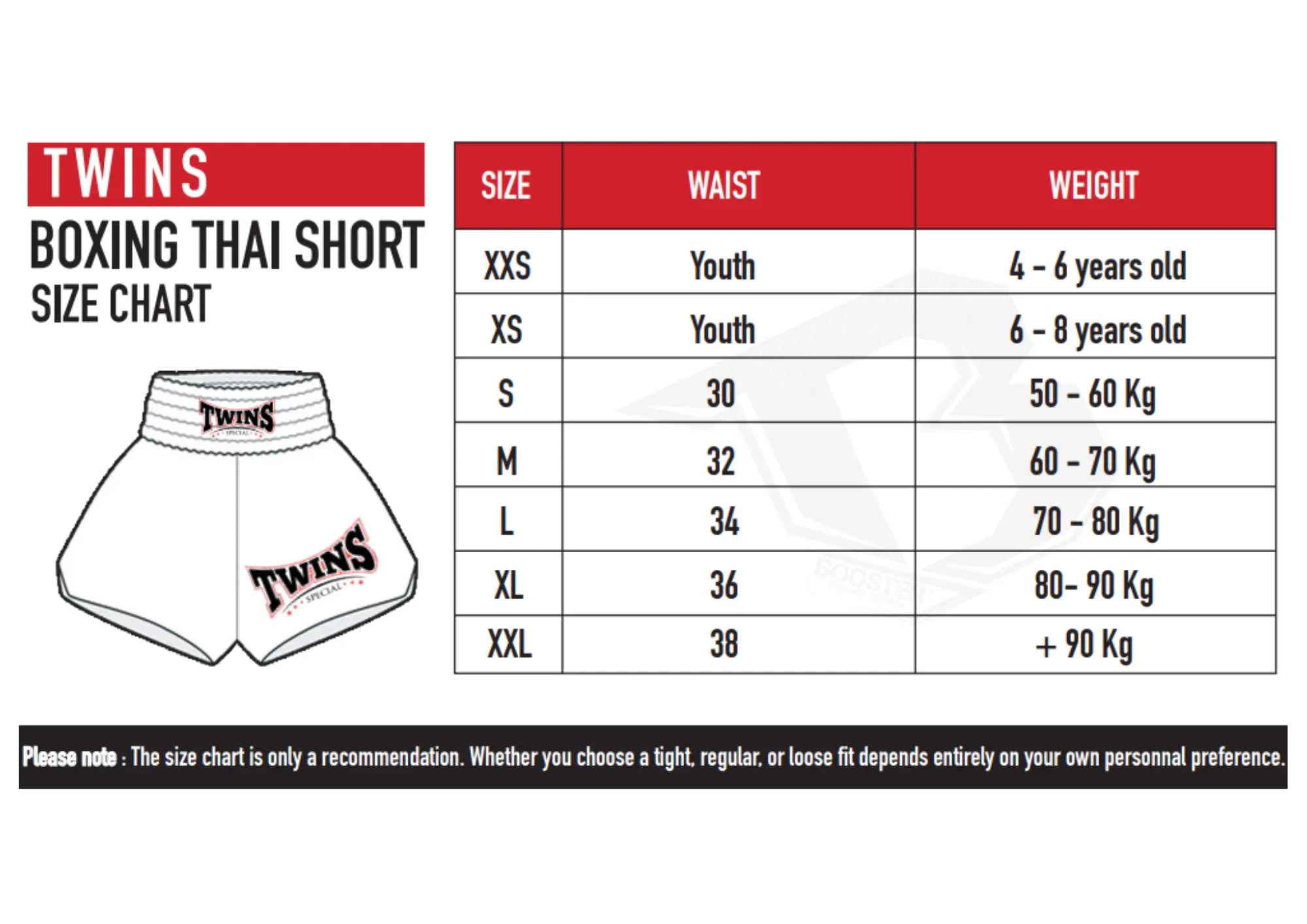 Twins Special Boxing Thai Short size chart met maattabel voor taille en gewicht, weergegeven op een witte achtergrond. Afbeelding bedoeld om klanten te helpen de juiste maat Thaiboks shorts te kiezen.