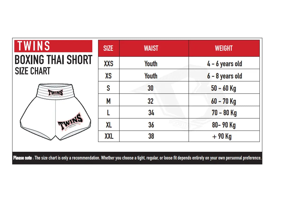 Maattabel voor Twins Boxing Thai Shorts met overzicht van jeugd- en volwassenmaten. De tabel toont per maat de taillemaat en het bijbehorende lichaamsgewicht, van XXS voor kinderen tot XXL voor volwassenen. Handige richtlijn om de juiste maat Twins kickboksbroekje te kiezen op basis van leeftijd, taille en gewicht.