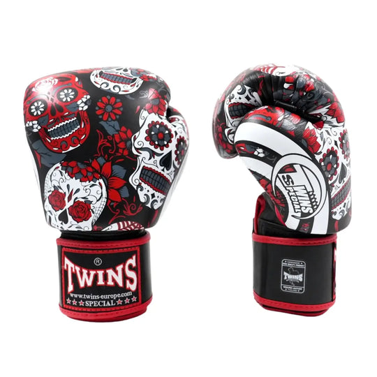 Twins bokshandschoenen zwart rood Sugar Skull design voor kickboksen en bokstraining