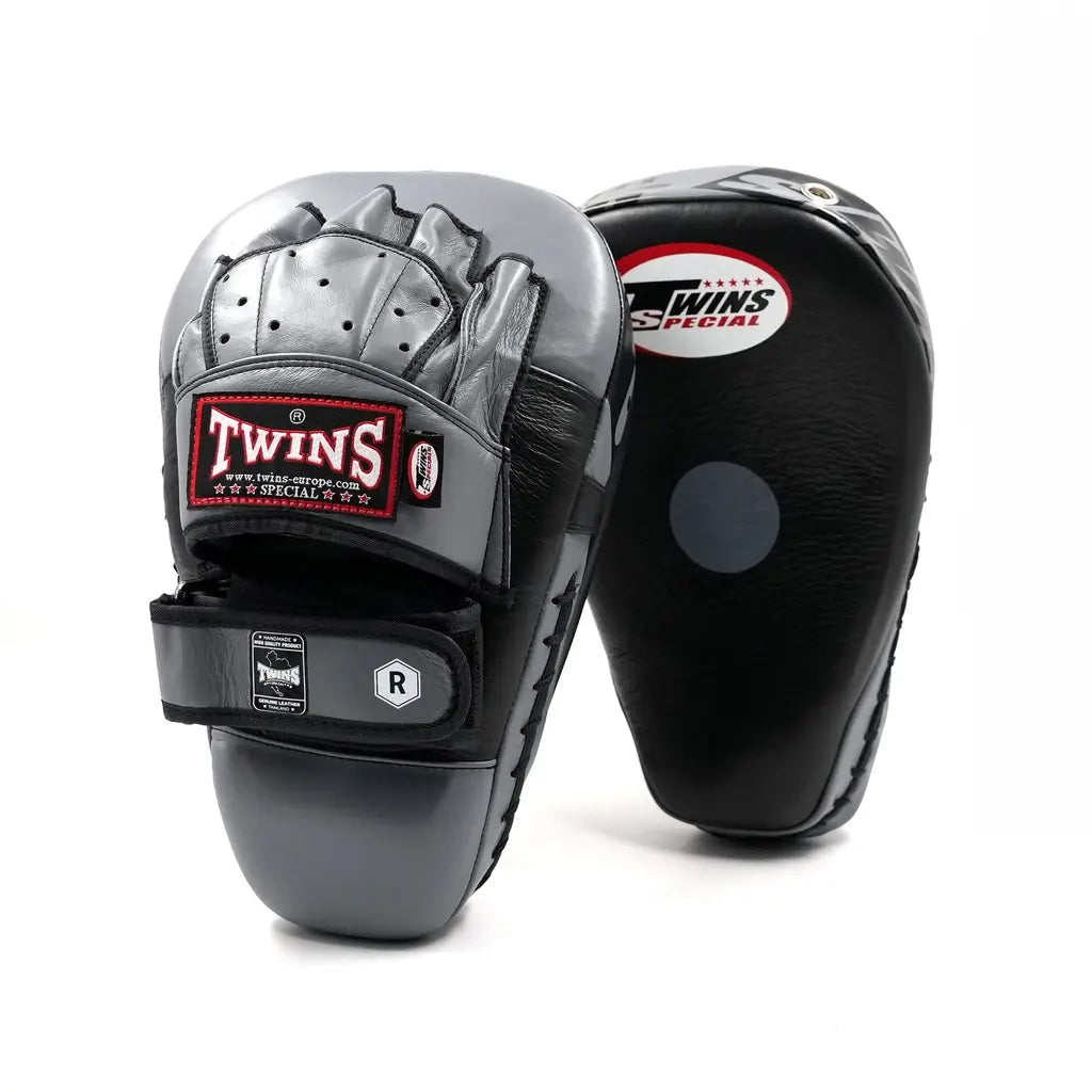Twins Special PML 21 focus mitts zwart/grijs leer met rood logo en targetpunt, ideaal voor boks- en kickbokstraining