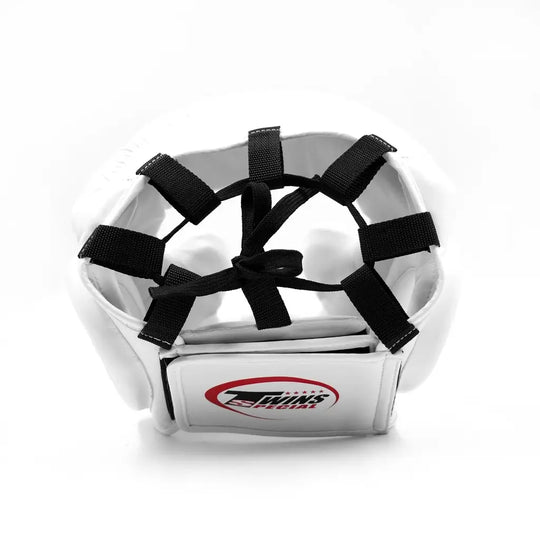Achteraanzicht van een witte Twins Special hoofdbeschermer met zwarte verstelbare vetersluiting en logo op de achterkant.