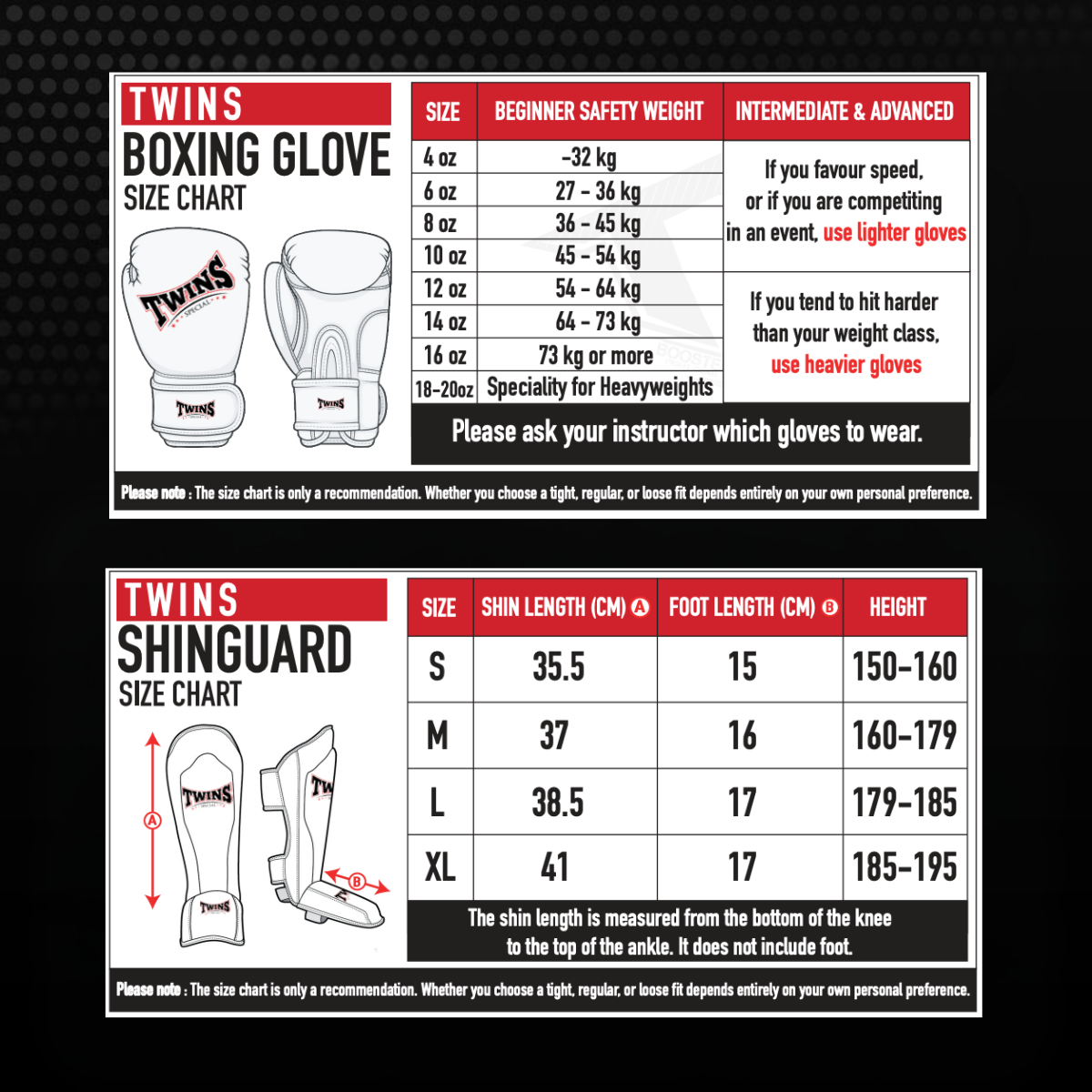Maattabel van Twins voor een kickboks set met bokshandschoenen en scheenbeschermers. De afbeelding toont aanbevolen handschoenmaten op basis van gewicht en scheenbeschermermaten op basis van scheenlengte, voetlengte en lengte.