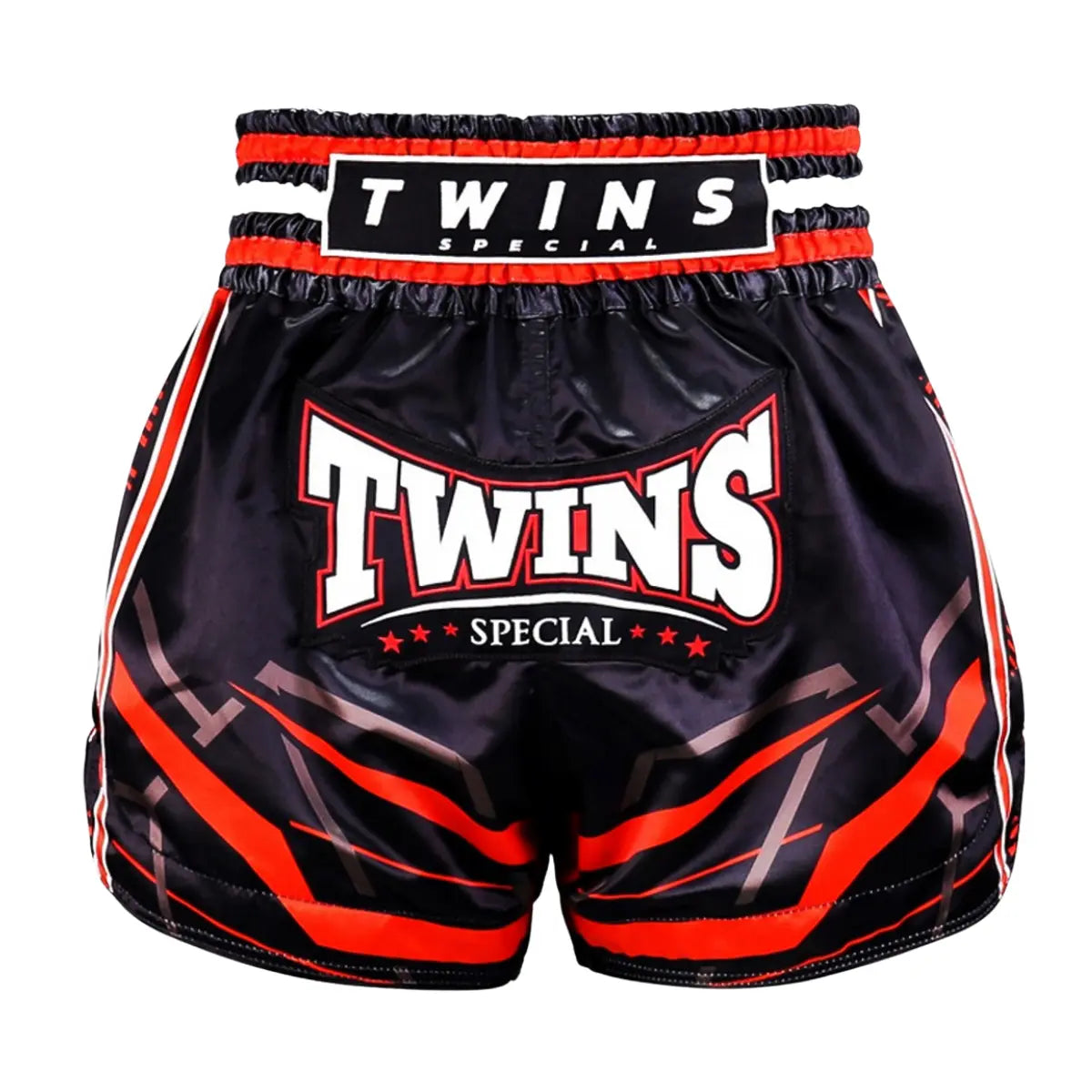 Front view of Twins Special TTBL Racing kickboxing shorts in black and red, featuring a wide elastic waistband with Twins logo patch. The image highlights the lightweight satin fabric, classic Muay Thai cut, reinforced seams, and sharp racing-style graphics designed for full freedom of movement during kickboxing training.